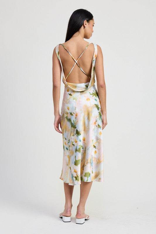 FLORAL MIDI COWL NECK DRESS
