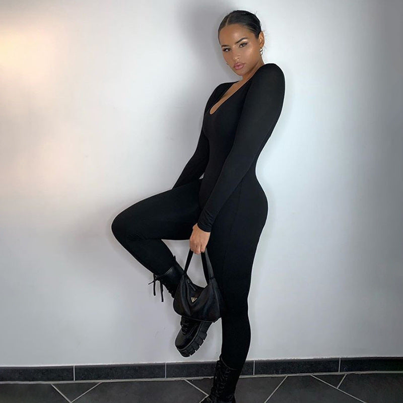 Low-necked Close-fitting Long Sleeve High Waist Solid Color Sports Fitness Jumpsuit