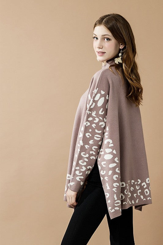 Oversized Mock Neck Leopard Print Sweater Tunic