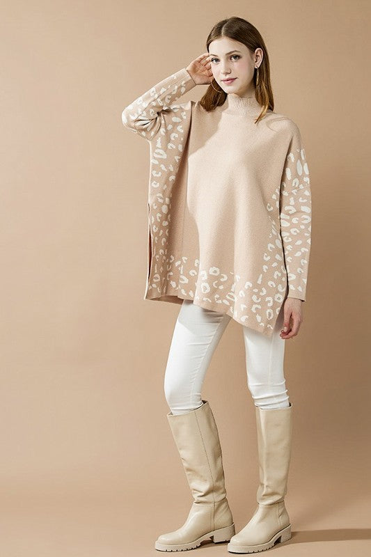 Oversized Mock Neck Leopard Print Sweater Tunic