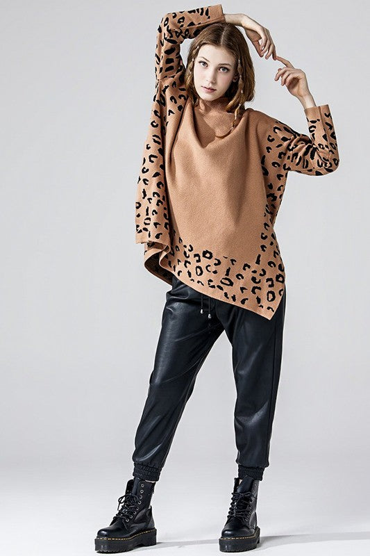 Oversized Mock Neck Leopard Print Sweater Tunic
