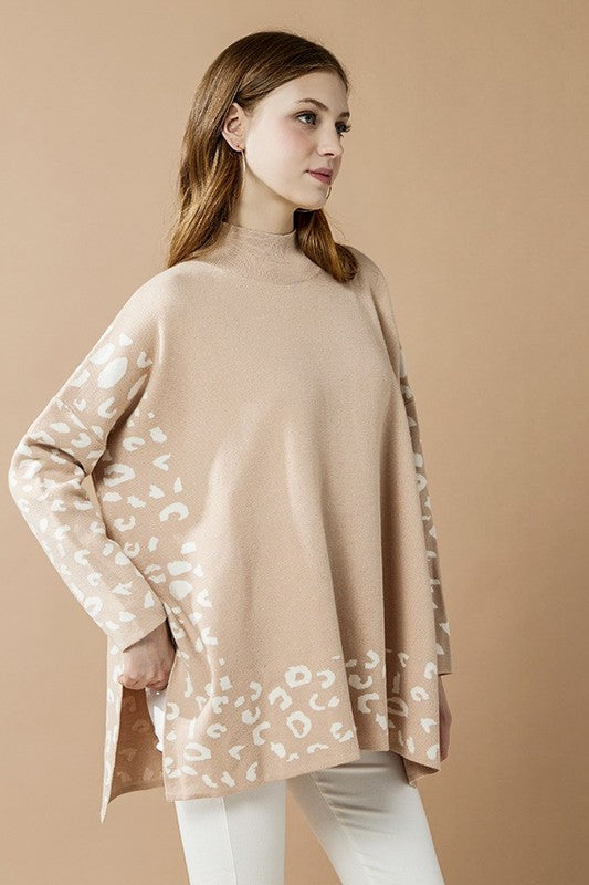 Oversized Mock Neck Leopard Print Sweater Tunic