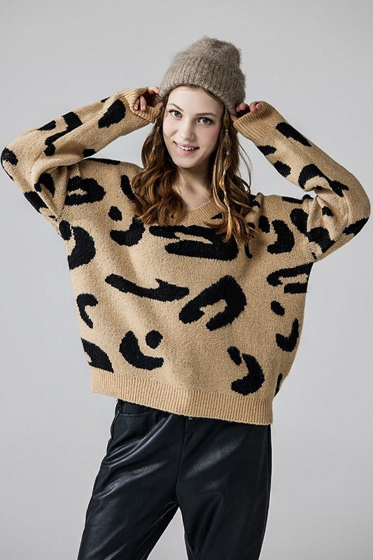 Fuzzy Mohair Jacquard V-Neck Leopard Sweater