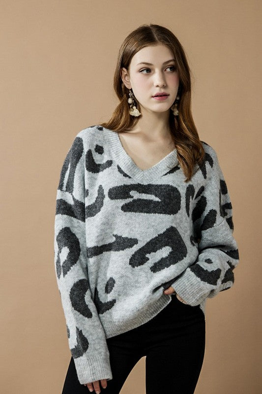 Fuzzy Mohair Jacquard V-Neck Leopard Sweater