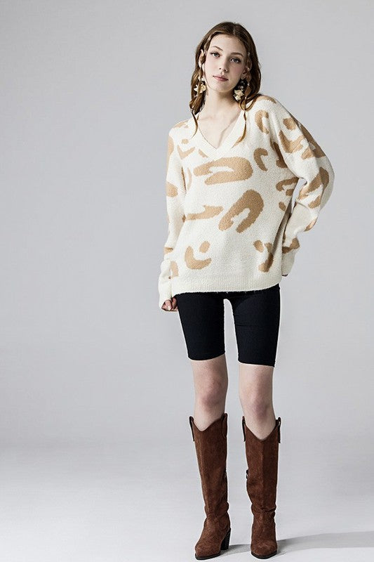 Fuzzy Mohair Jacquard V-Neck Leopard Sweater