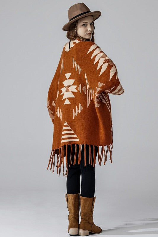 Aztec Fringed Ruana Poncho Sweater Cardigan