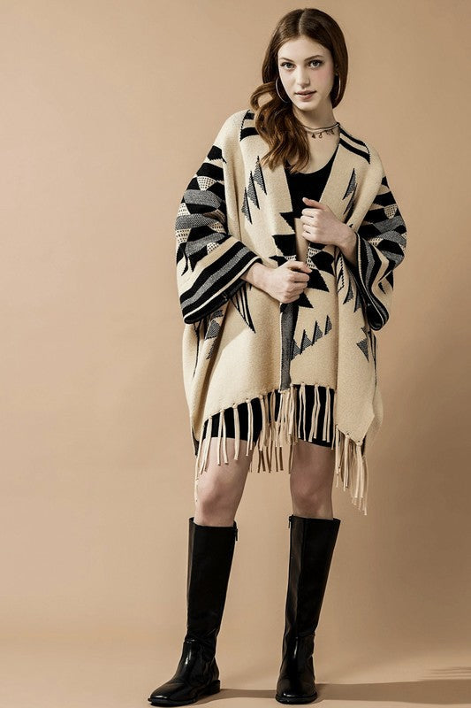 Aztec Fringed Ruana Poncho Sweater Cardigan