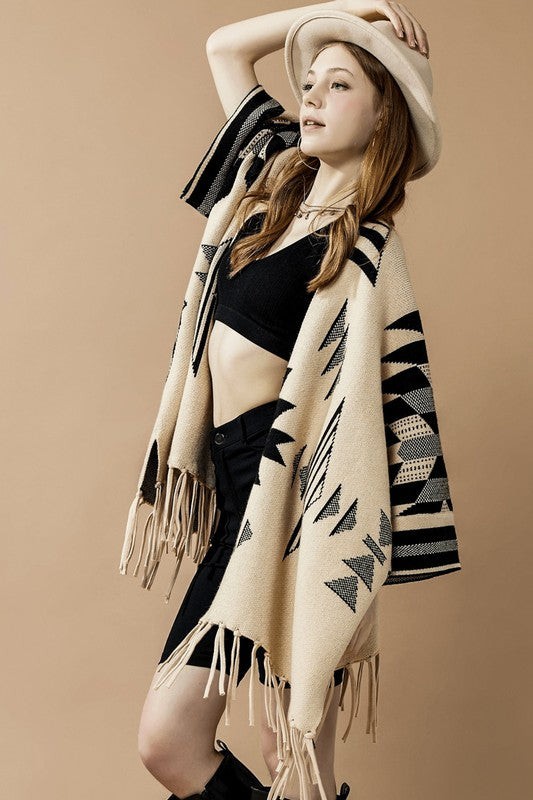 Aztec Fringed Ruana Poncho Sweater Cardigan