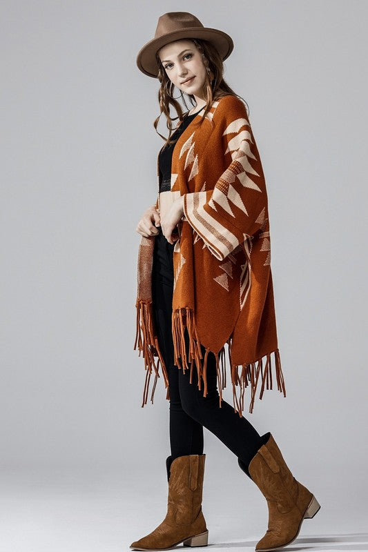 Aztec Fringed Ruana Poncho Sweater Cardigan