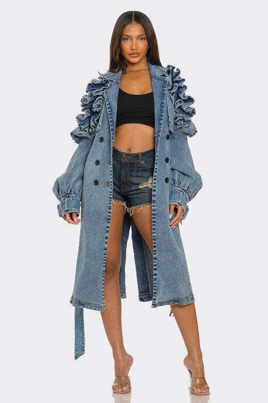 Ruffled Denim Trench Coat