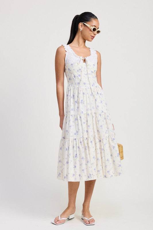 MIXED MEDIA EYELET PEEKABOO MIDI DRESS