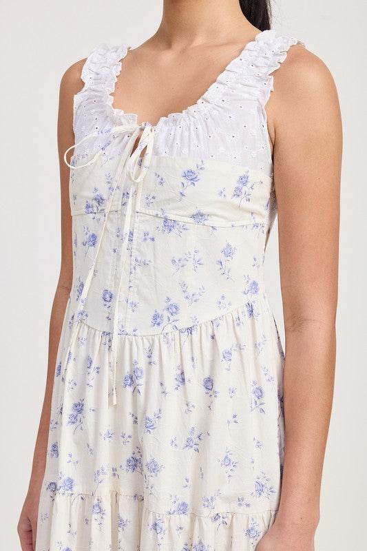 MIXED MEDIA EYELET PEEKABOO MIDI DRESS