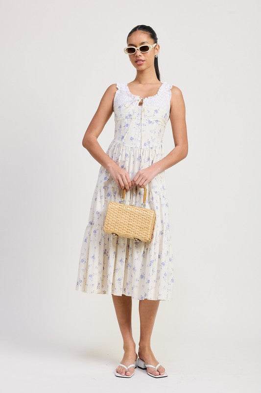 MIXED MEDIA EYELET PEEKABOO MIDI DRESS