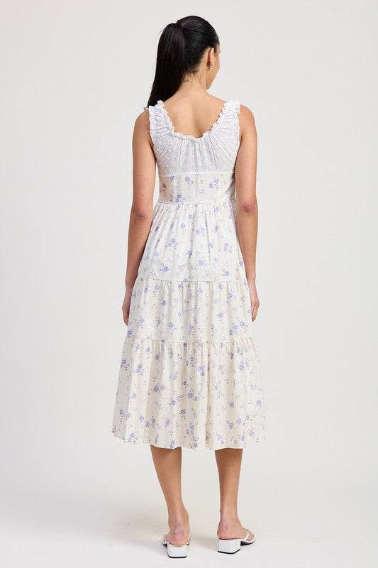 MIXED MEDIA EYELET PEEKABOO MIDI DRESS