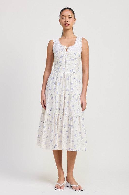 MIXED MEDIA EYELET PEEKABOO MIDI DRESS