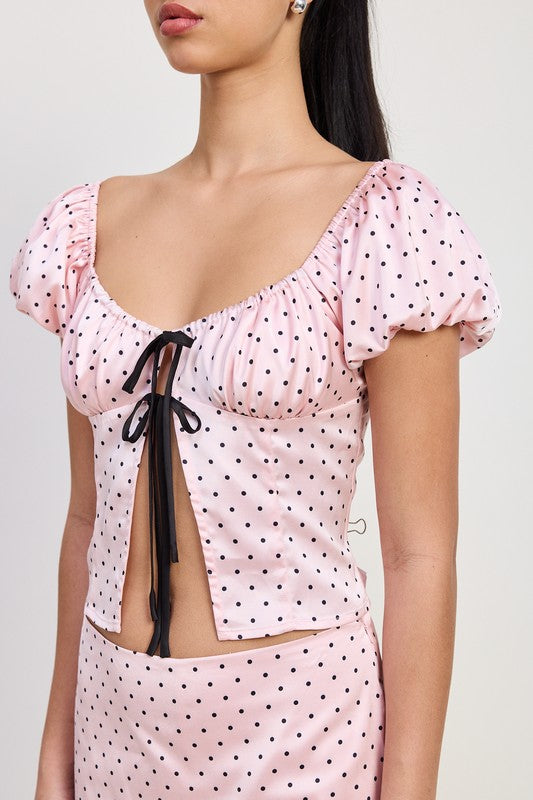 SQAURED NECK POLKA DOT BUBBLE SLEEVE TOP