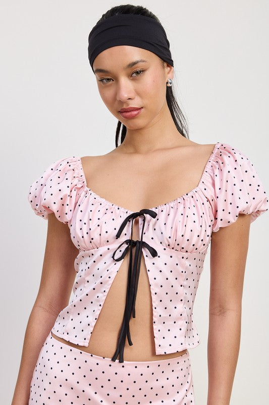SQAURED NECK POLKA DOT BUBBLE SLEEVE TOP