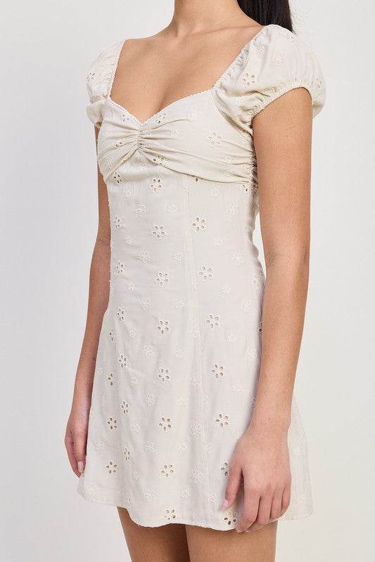 MIX MEDIA MINI RUCHED DRESS