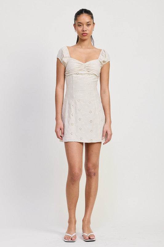 MIX MEDIA MINI RUCHED DRESS