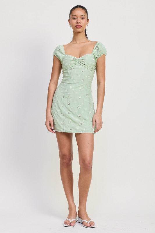 MIX MEDIA MINI RUCHED DRESS