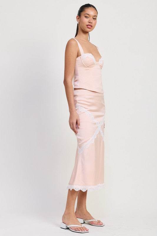 MID SATIN SKIRT WITH LACE DETAIL