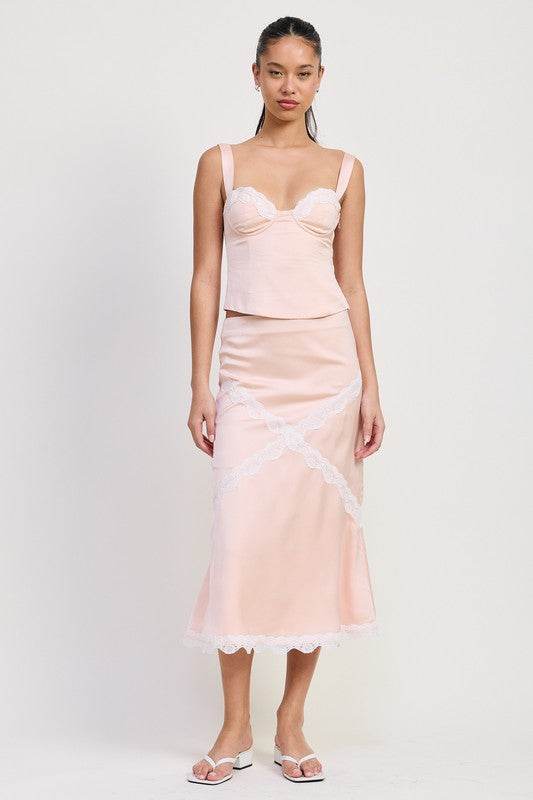 MID SATIN SKIRT WITH LACE DETAIL