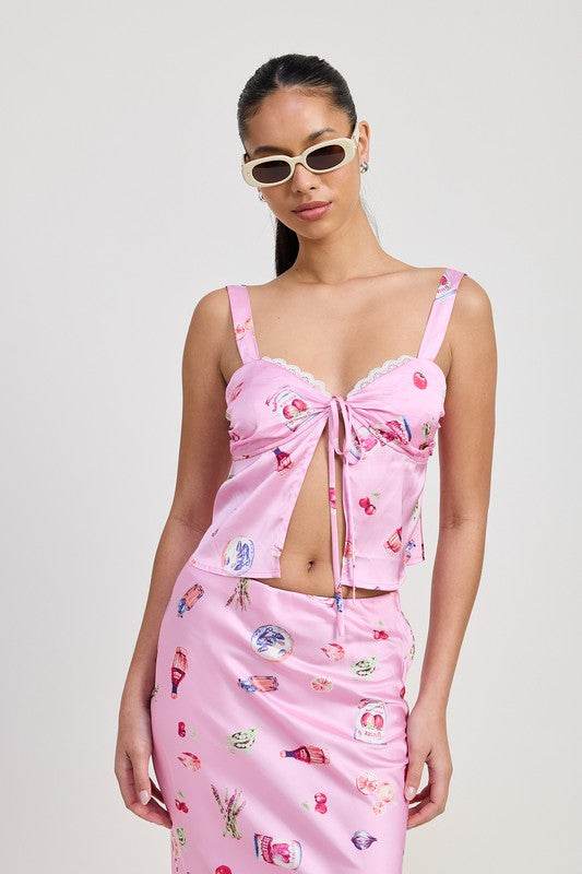 PRINTED SATIN FLY AWAY TOP WITH LACE TRIM