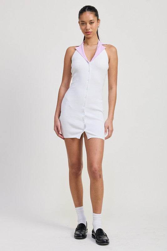 CONTRAST COLLAR RIBBED MINI HALTER DRESS