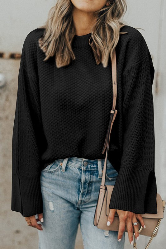 Solid Knit Split Cuff Drop Shoulder Sweater