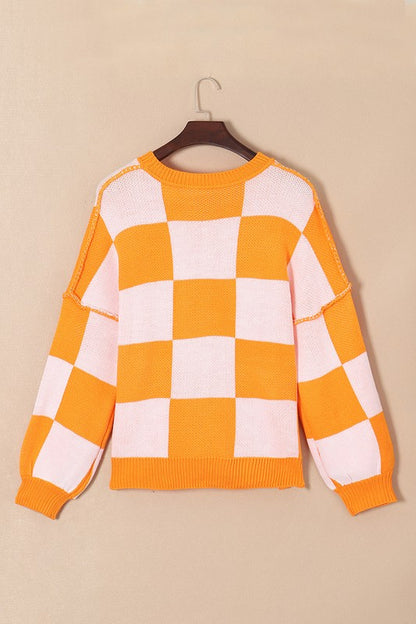 Women Checkered Bishop Sleeve Sweater