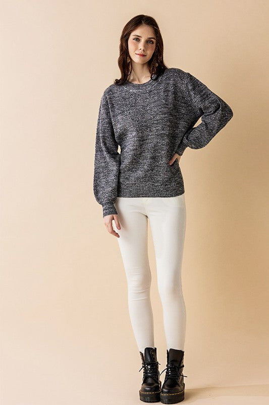 Plus Round Neck Balloon Sleeve Heathered Sweater