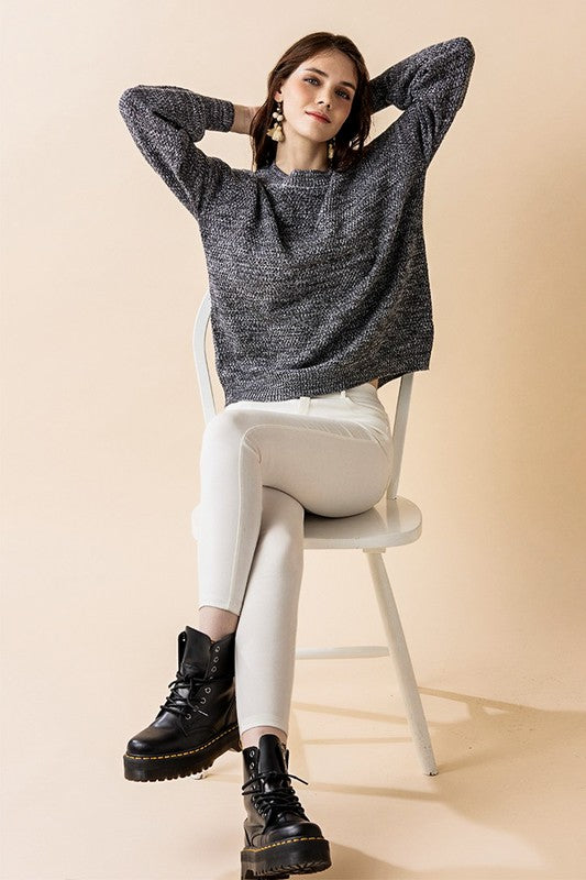 Plus Round Neck Balloon Sleeve Heathered Sweater