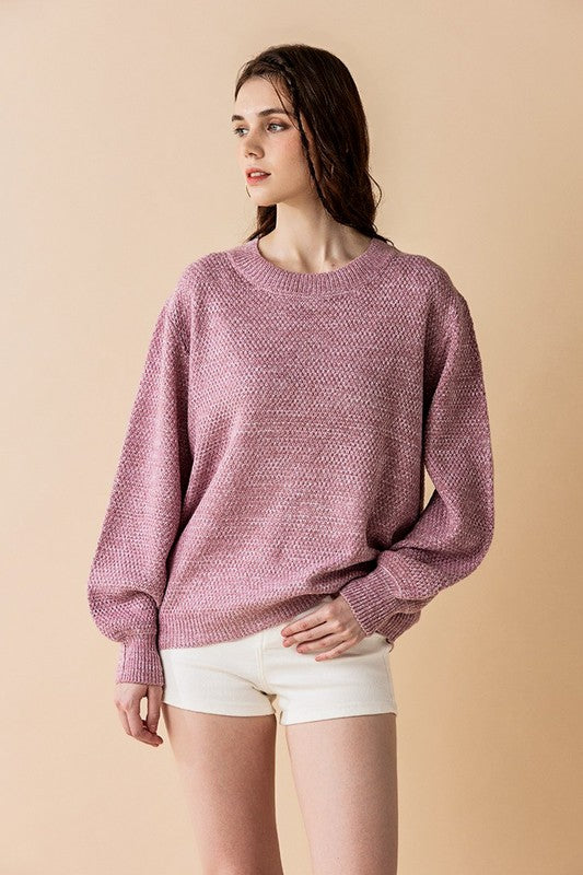 Plus Round Neck Balloon Sleeve Heathered Sweater