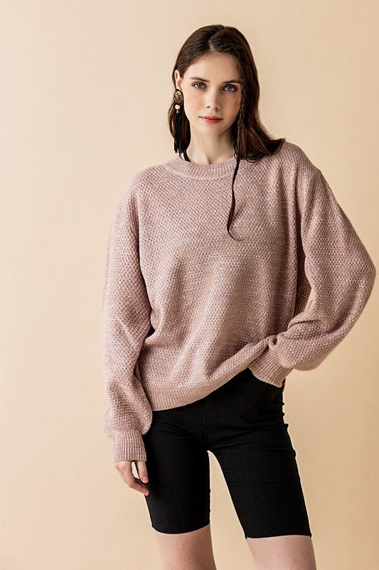 Plus Round Neck Balloon Sleeve Heathered Sweater