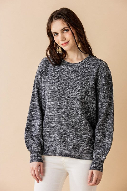 Plus Round Neck Balloon Sleeve Heathered Sweater