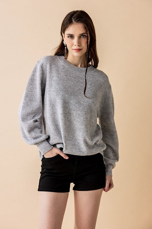 Plus Round Neck Balloon Sleeve Heathered Sweater