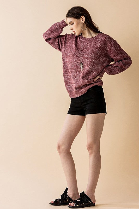 Plus Round Neck Balloon Sleeve Heathered Sweater