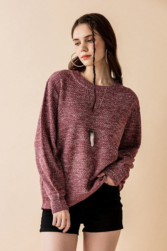 Plus Round Neck Balloon Sleeve Heathered Sweater