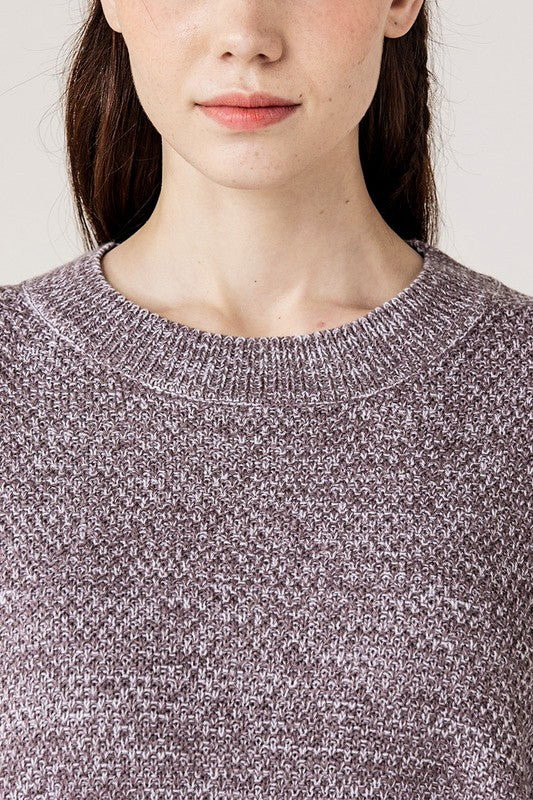 Plus Round Neck Balloon Sleeve Heathered Sweater