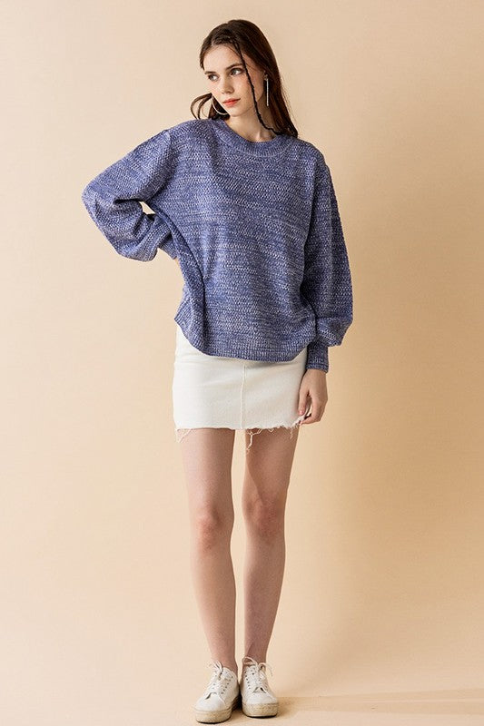Plus Round Neck Balloon Sleeve Heathered Sweater