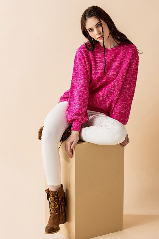 Plus Round Neck Balloon Sleeve Heathered Sweater