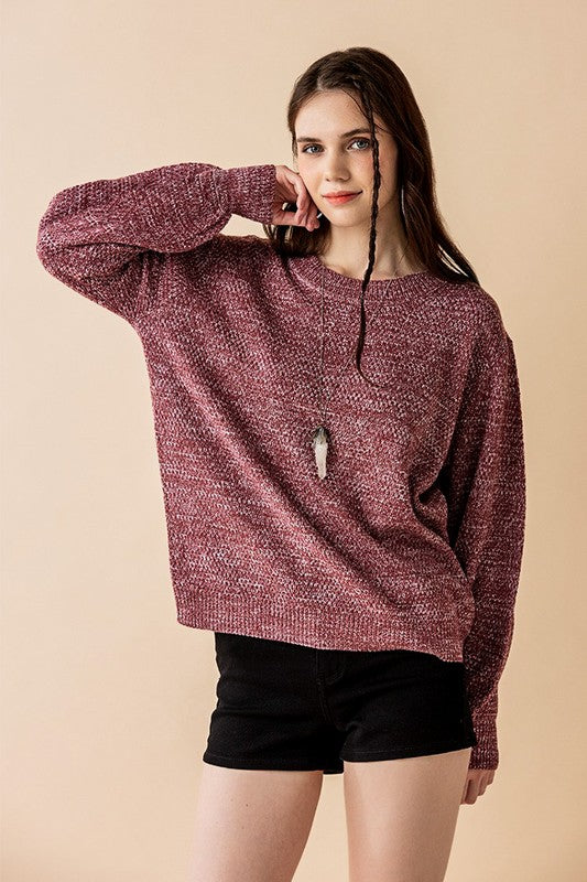 Plus Round Neck Balloon Sleeve Heathered Sweater