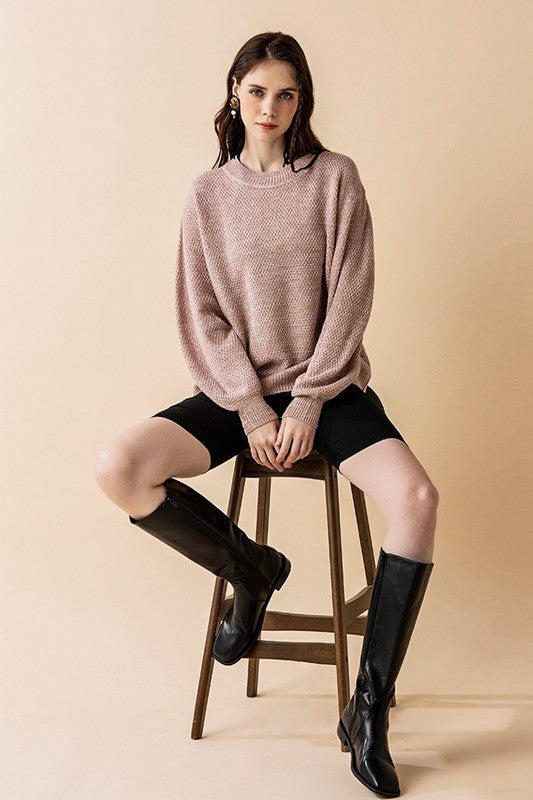 Plus Round Neck Balloon Sleeve Heathered Sweater