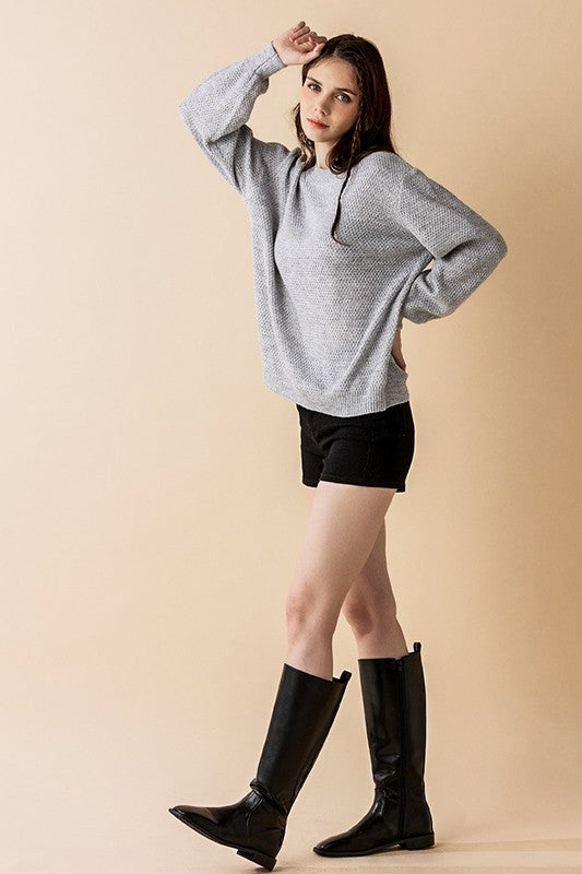 Plus Round Neck Balloon Sleeve Heathered Sweater