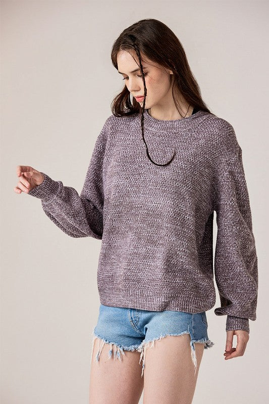 Plus Round Neck Balloon Sleeve Heathered Sweater