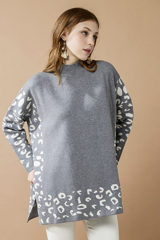 Plus Oversize MockNeck Leopard Print Sweater Tunic
