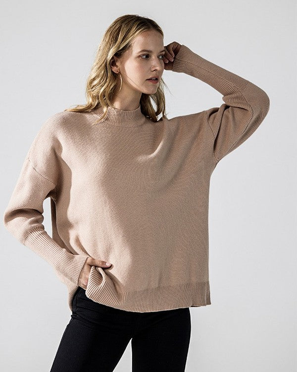 Mock Neck Balloon Sleeve Side Slit Sweater