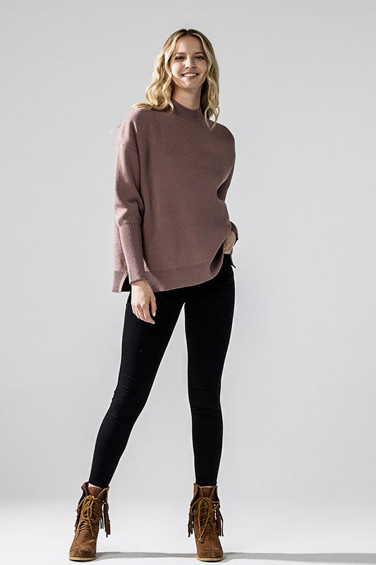 Plus Mock Neck Balloon Sleeve Side Slit Sweater