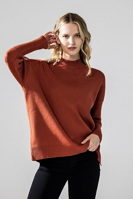 Plus Mock Neck Balloon Sleeve Side Slit Sweater