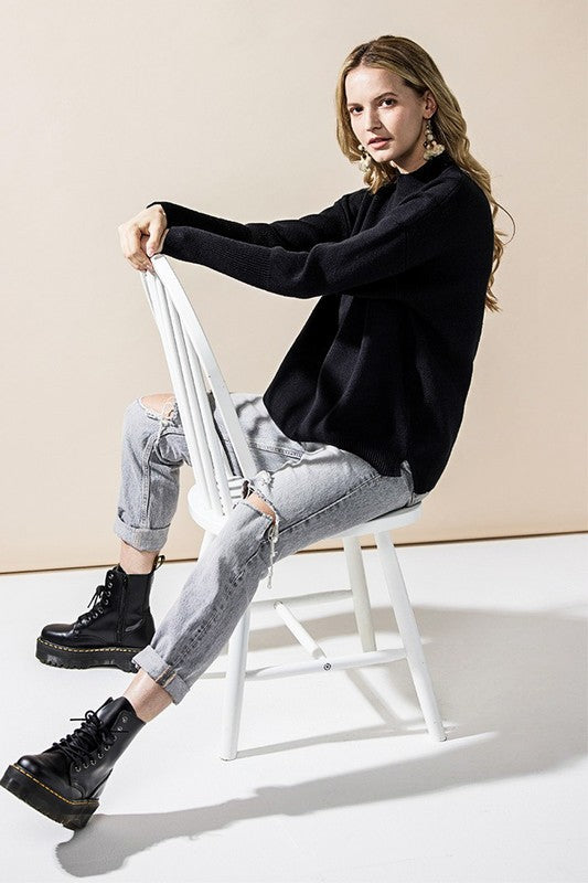Plus Mock Neck Balloon Sleeve Side Slit Sweater